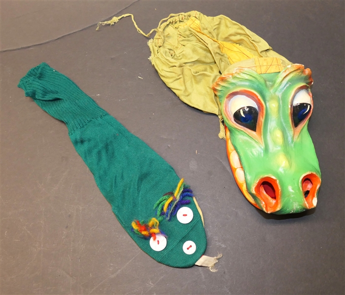 Chalkware Dragon Hand Puppet and Snake Sock Puppet - Dragon Has 1 Broken Tooth 