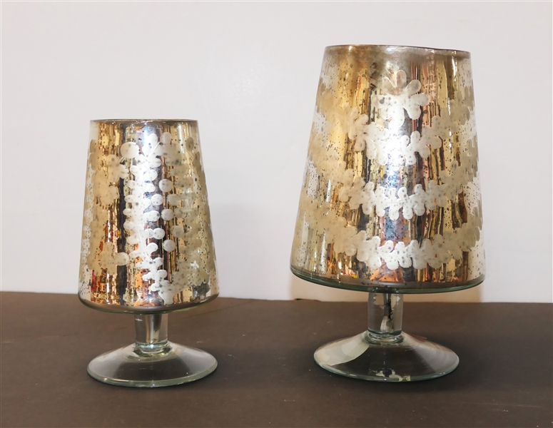 2 Pretty Mercury Glass Candle Lamps - Etched Flowers and Leaves - Tallest Measures 8" Smaller 6" - Made in India