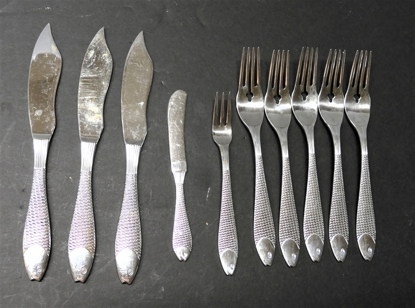 Gorham "Fish Out of Water" Fish Knives and Forks - 3 Fish Knives, 5 Fish Forks, Smaller Fork, and Butter Knife