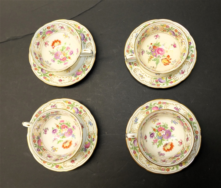 Set of 4 "Dresden Sprays" by Hammersley - Cup and Saucer Sets - 1 Cup Has Hairline Crack 