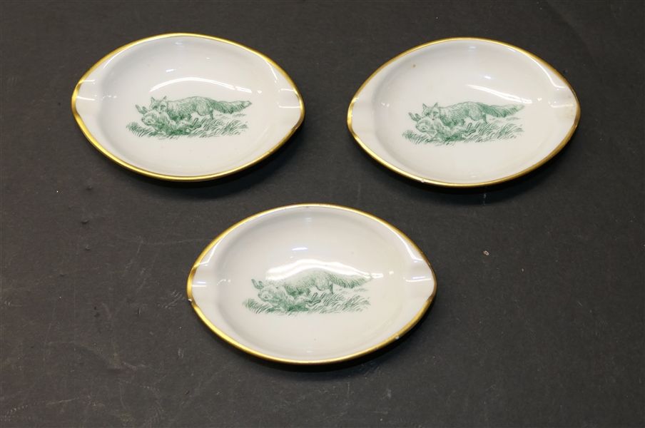 3 - Furstenberg Germany Porcelain Ashtrays - Fox with Hare - Each Measures 3 1/2" By 2 1/4" - 1 is Chipped on Back 