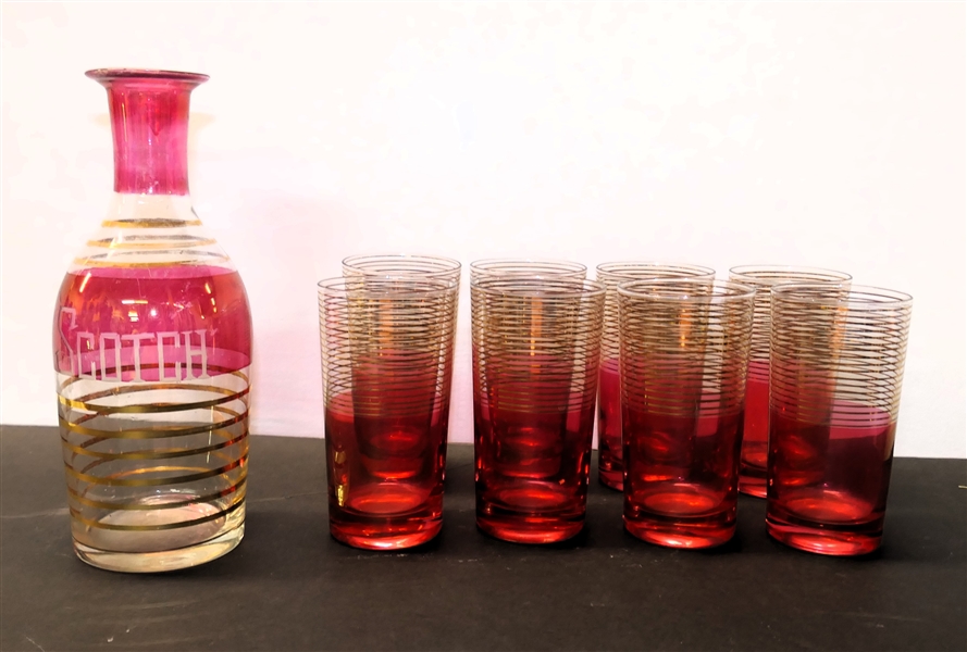 8 Cranberry Ringed Tall Tumblers and Cranberry and Gold "Scotch" Decanter - Tumblers Measure 5" Tall  -Decanter Missing Stopper 