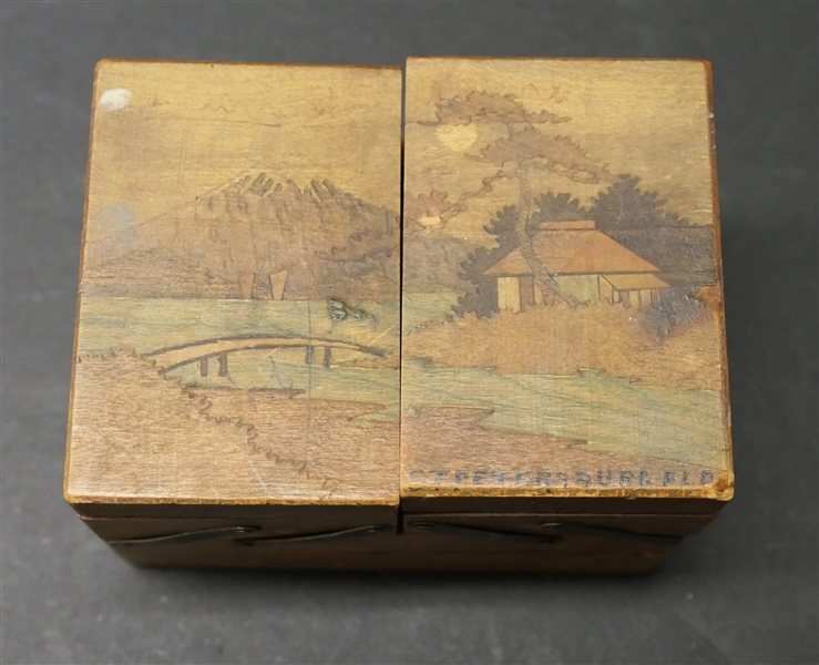 St. Petersburg Fl. Souvenir Folding Trinket Box - Hand Decorated Wood - Small Broken Area on Back - Box Measures 3" Tall 3" by 4" 