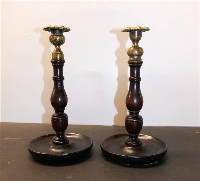 Pair of Beautiful Turned Wood and Brass Candle Sticks - Each Measures 10 1/2" tall 