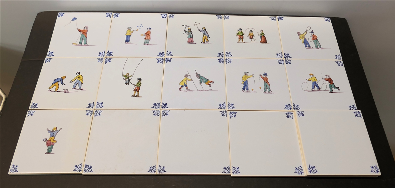 16 Delft Tiles - 11 With Childrens Play Time Scenes - 5 with Blue Decorated Corners - All in Original Outer Shipping Box - Made in Holland - Each Tile Measures 5 1/4"  by 5 1/4" 