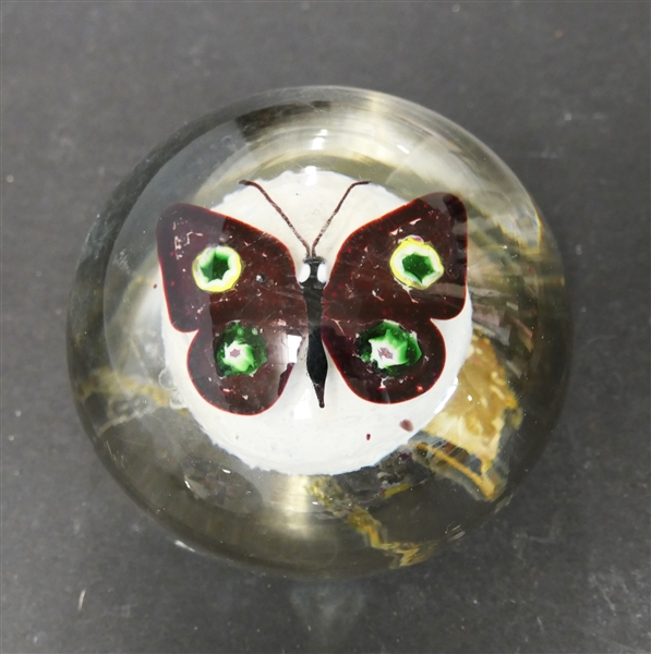 Hand Blown Art Glass Paperweight with Glass Butterfly - Paperweight Measures 2" Tall 3 1/2" Across