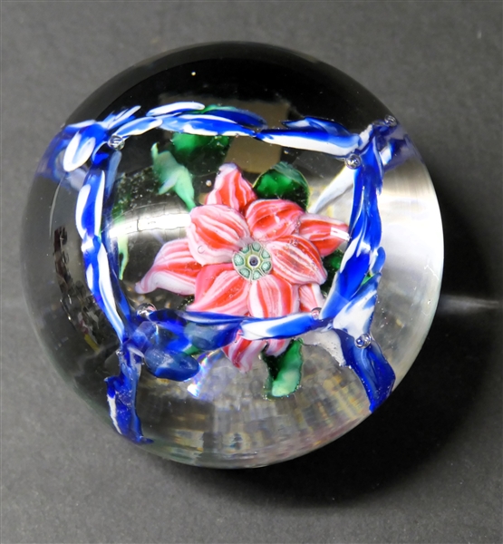 Beautiful Art Glass Paperweight with Flower in Center  - Cobalt Blue and White Braiding - Measures 2" Tall 3" Across