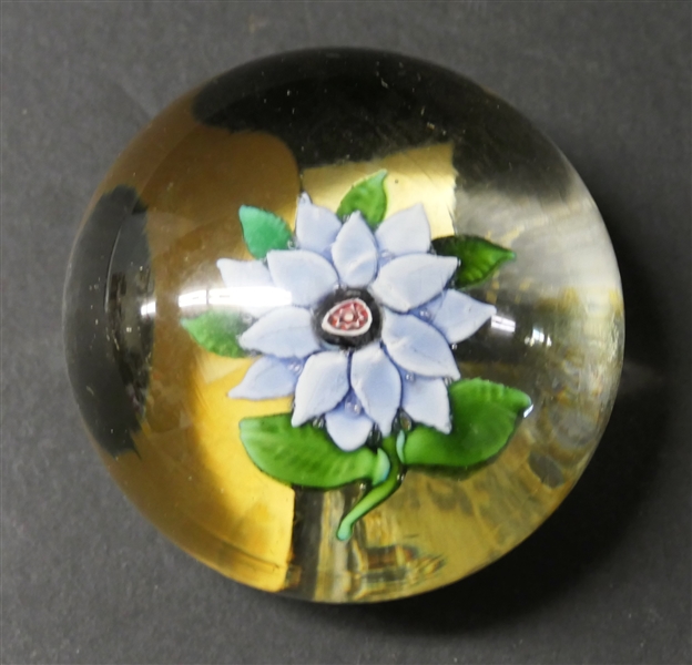 Art Glass Paperweight with Blue Flower in Center - Measures 2" Tall 3" Across