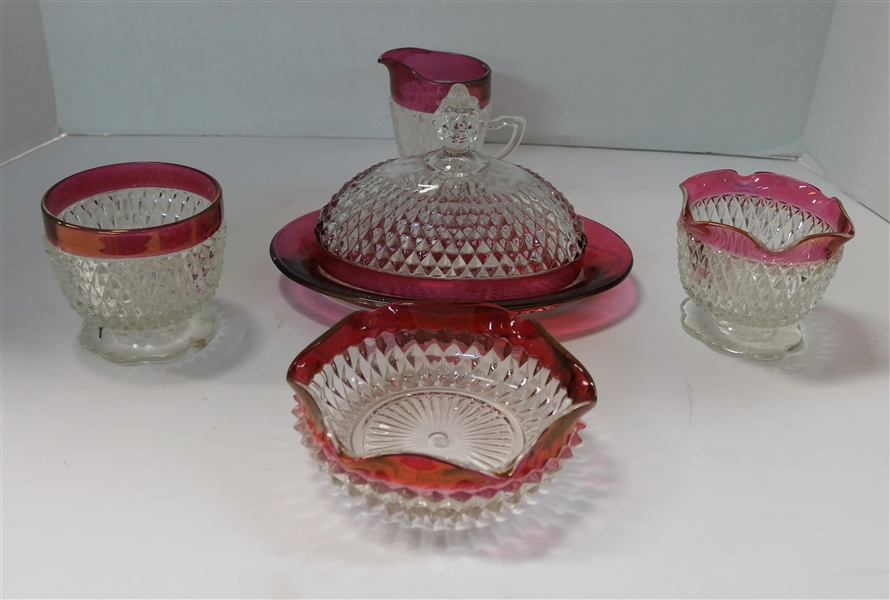 5 Pieces of Ruby Flashed Diamond Point  Crystal - Butter Dish, Footed Sherbet, Creamer, and Low Bowls - Butter Dish Measures 5" Tall 8" Long