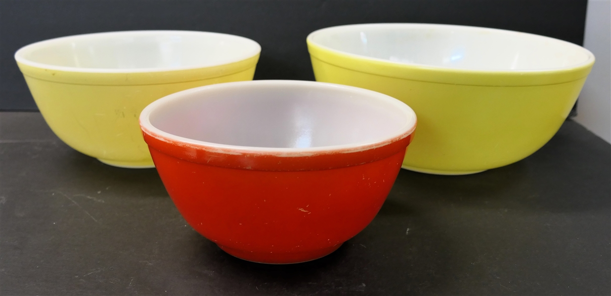 3 Pyrex Primary Color Mixing Bowls - Large Yellow 10" Smaller Yellow 7" - Some Finish Scratches