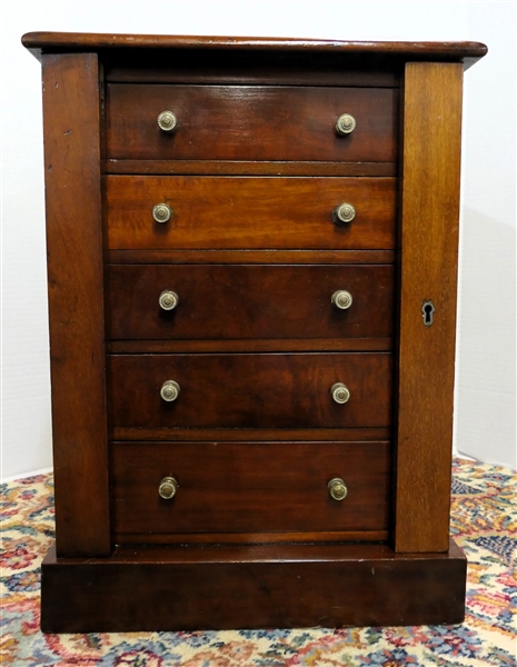 Mahogany Jewelry / Valuables  Chest with 5 Graduating Dovetailed Doors - Locking Hinged Sides - With Key - Chest Measures 20" tall 15" by 10" 