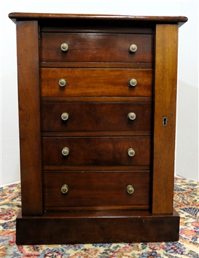Mahogany Jewelry / Valuables  Chest with 5 Graduating Dovetailed Doors - Locking Hinged Sides - With Key - Chest Measures 20 tall 15 by 10 