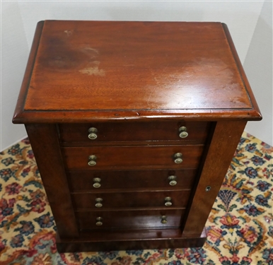 Mahogany Jewelry / Valuables  Chest with 5 Graduating Dovetailed Doors - Locking Hinged Sides - With Key - Chest Measures 20 tall 15 by 10 