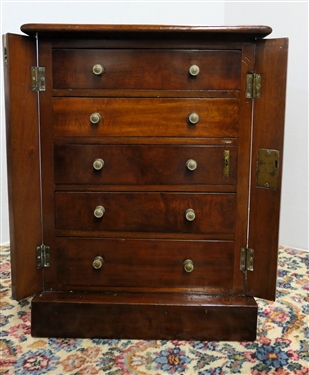 Mahogany Jewelry / Valuables  Chest with 5 Graduating Dovetailed Doors - Locking Hinged Sides - With Key - Chest Measures 20 tall 15 by 10 