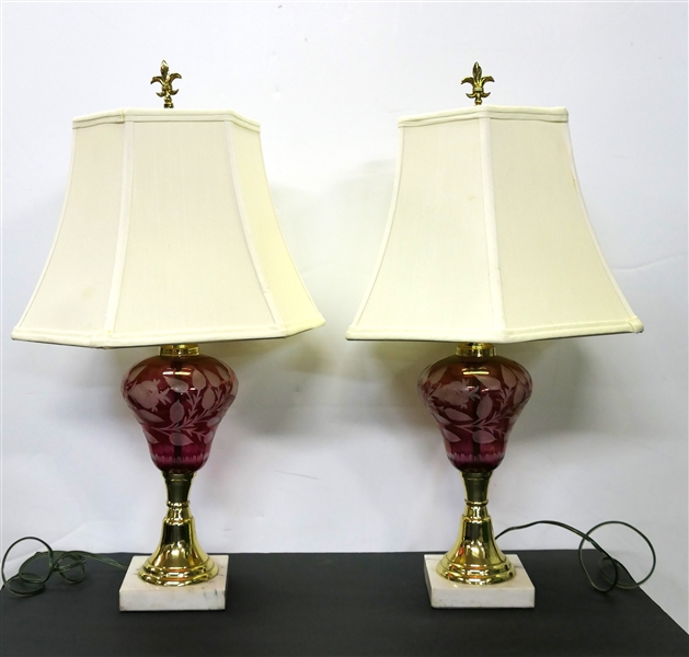 Pair of Beautiful Cut Cranberry Table Lamps with marble Bases - Nice Shades  -Brass Fittings - Brass Fleur De Lis Finials - Each Lamp measures 24" Tall 