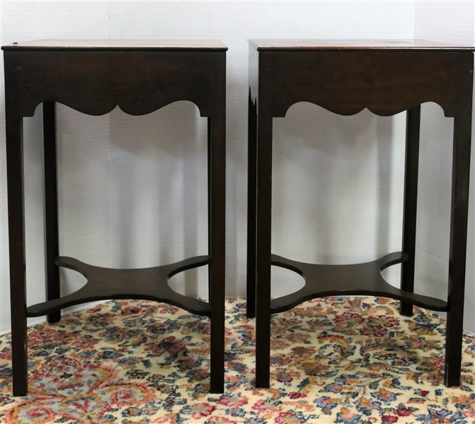 Pair of Mahogany Occasional Tables with Scalloped Aprons - Each Table Measures 21 1/2" tall 13" by 13" - One Top Finish Is Matte Other Shiny 