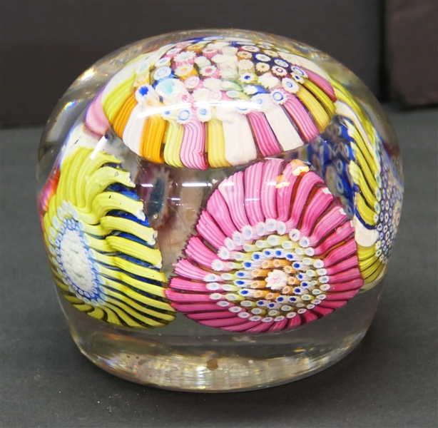 Extra Large Millefiori Art Glass Paperweight - Hand Blown - Measures 3 1/2" Tall 4 1/2" Across - Chip in Side - See Photo