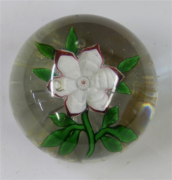 Art Glass Paperweight with Pretty White and Pink Flower - Measures 2" tall 3" Across