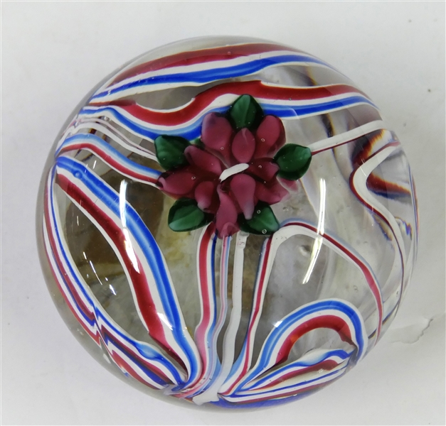 Art Glass Paperweight with Burgundy Flower - Red White and Blue Threading - Measures 2" Tall 3 1/2" Across