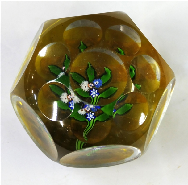 Amber Faceted Glass Paperweight with White and Blue Millefiori Flowers - Measures 2 1/2" Tall 3" Across