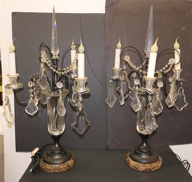 Pair of Elaborate Girandole Lamps with Large Crystal Prisms - Crystal Tops and Centers - Marble Bases - Each Electric Lamp Has 3 Lights  - Each measures 29 1/2" tall 