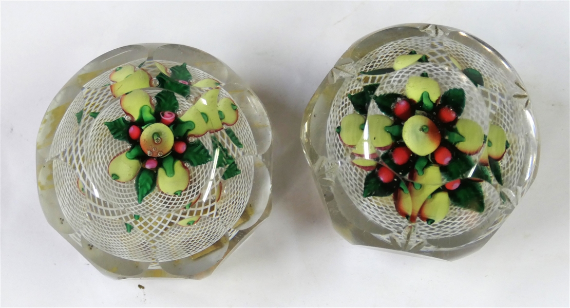 2 Beautiful Faceted Paperweights with Fruits Inside - 1 with Pears and 1 with Apples and Cherries - Each Measures 1 1/4" Tall 2 1/4" Across