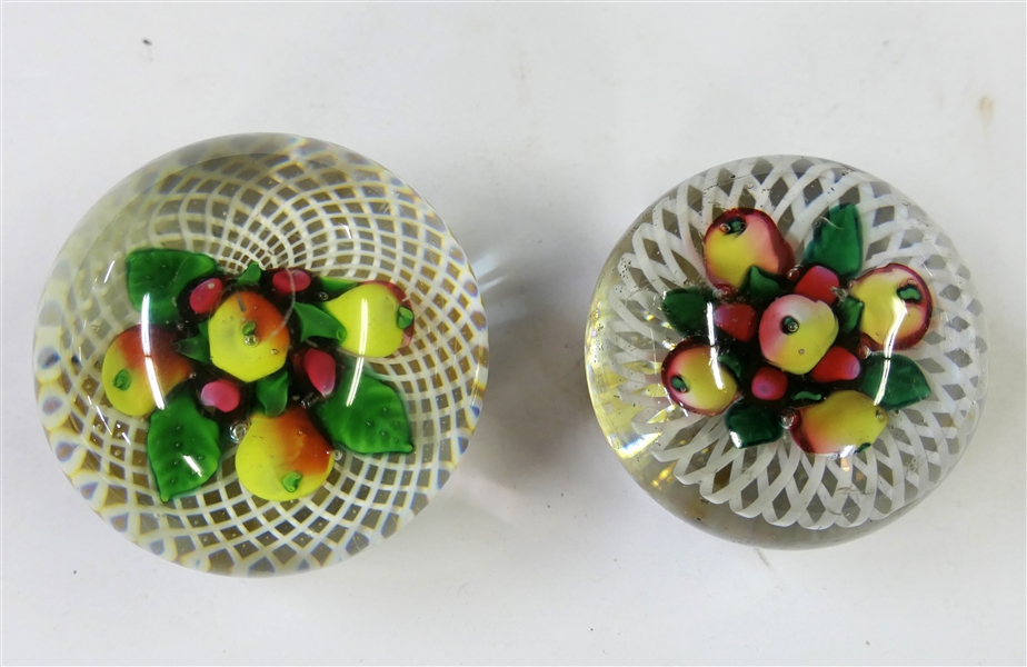 2 Art Glass Paperweights with Fruits Inside -  Apples and Cherries - Largest Measures 2" tall 2" Across Other 1 1/2" Tall 2" Across