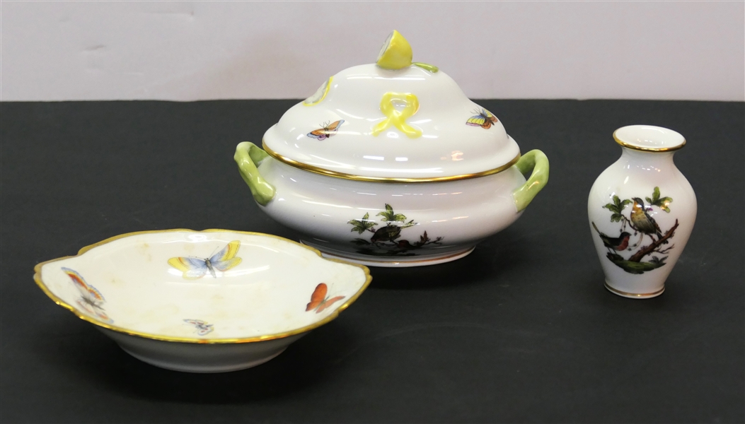 2 Pieces of Herend Hungary - Miniature Rothschild Bird Vase, Rothschild Bird Miniature Tureen with Lemon Finial, and Small Limoges Dish with Butterflies -  Tureen Measures 5 1/2" Across 3" Tall 