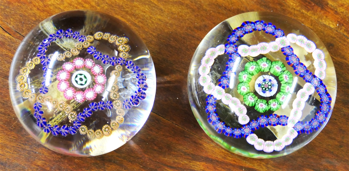 2 Pretty Millefiori Art Glass Paperweights with Daisy Chains of Millefiori Flowers - Each Measures 1 1/2" Tall 2 1/2" Across