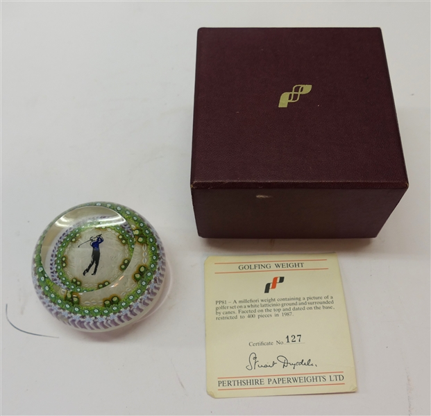 Perthshire Paperweights LTD. Millefiori Paperweight with Picture of Golfer - Limited Edition 127 of 400 - Dated 1987 - In Original Box with Certificate of Authenticity 