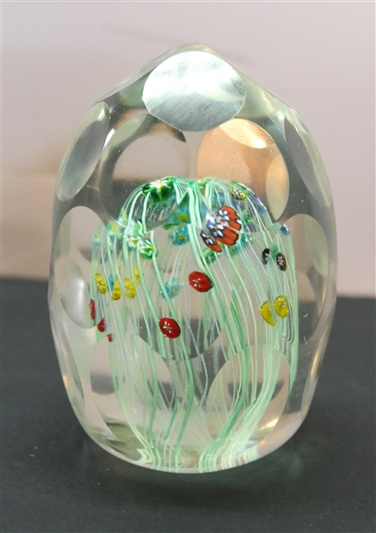 Fine Faceted Millefiori Art Glass Paperweight - Faceted Egg Shae with Many Small Flowers and Threading - Measures 4" tall 2" wide