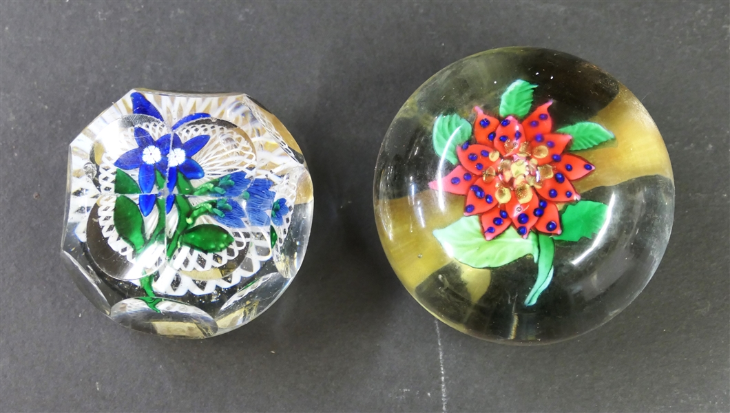 2 Millefiori Flower Art Glass Paperweights - Red and Blue Speckled Flower and Faceted with Blue Flowers - Faceted Paperweight Has Some Small Chips and Scuffs to Surface - Red Flower Paperweight...