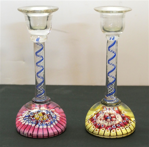 Pair of Outstanding Millefiori Glass Candle Sticks Possibly Whitfries - Millefiori Cane Flowers in Base with Spiral Threaded Stems - Each Measures 6" Tall Yellow Based Candle Stick Has 2 Nicks...