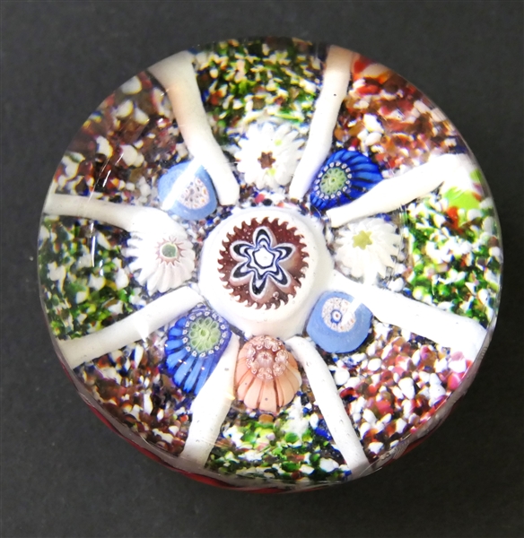 Beautiful Millefiori Art Glass Paperweight with 9 Flowers - Measures 1 1/2" Tall 3" Across