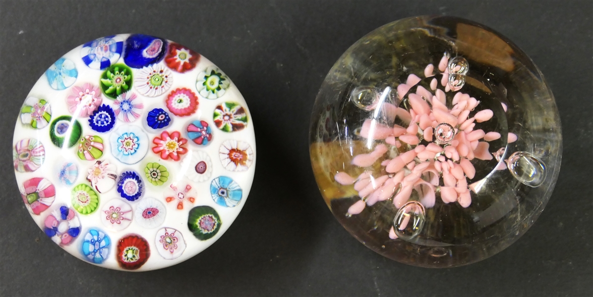 2 Art Glass Paperweights - Millefiori with Many Flowers and Handblown with Pink Flower and Clear Glass Bubbles - Pink Flower Paperweight Measures 2" Tall 3" Across