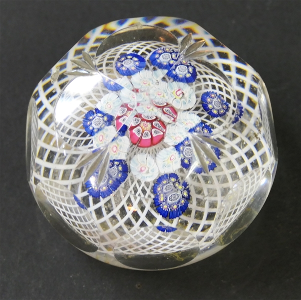 Beautiful Faceted Paperweight with Blue, Pink, and White Millefiori Flowers and White Threading - Measures 1 1/2" Tall 2 1/4" Across