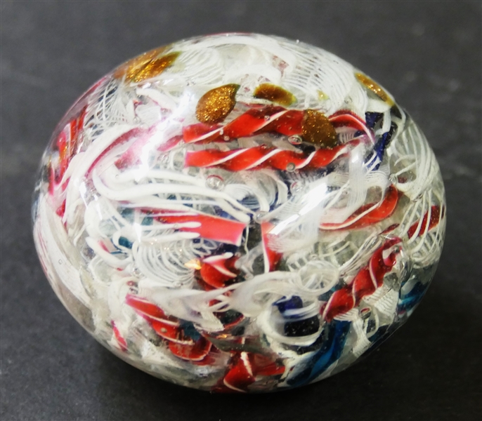 Unusual Hand Blown Art Glass Paperweight with Assorted Colors of Threading and Ribbons, and Metallic Copper - Measures 1 1/2" Tall 2" Across