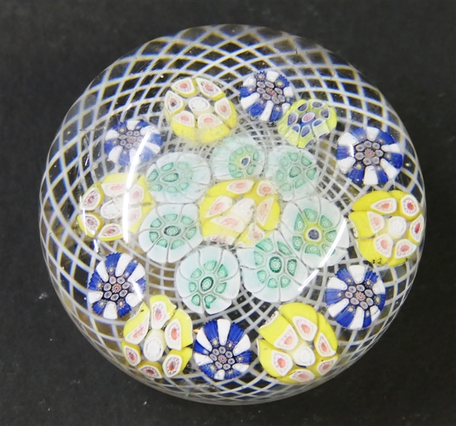 Millefiori Art Glass Paperweight - Yellow, White, Blue, and Green - White Threading - Measures 1 1/2" Tall 2 1/2" Across