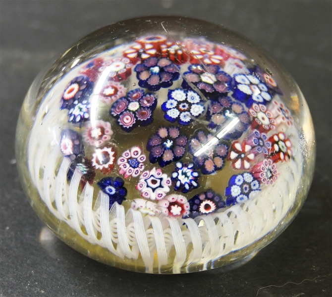 Millefiori Art Glass Paperweight with Red, White, and Blue Millefiori Flowers - Measures 1 3/4" tall 2 1/4" Across