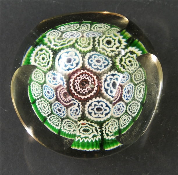 1980 Art Glass Paperweight Green and White Millefiori Flowers with Pink Center - Faceted Exterior - Signed and Dated 1980 - Measures 3" Tall 3 1/2" Across