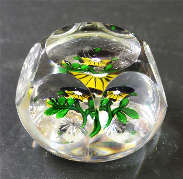 Beautiful Pansy Flower Faceted Art Glass Paperweight - Pansy with Millefiori Center - Green Leaves and Stem- Sunburst in Bottom - Measures 2" Tall 3" Across