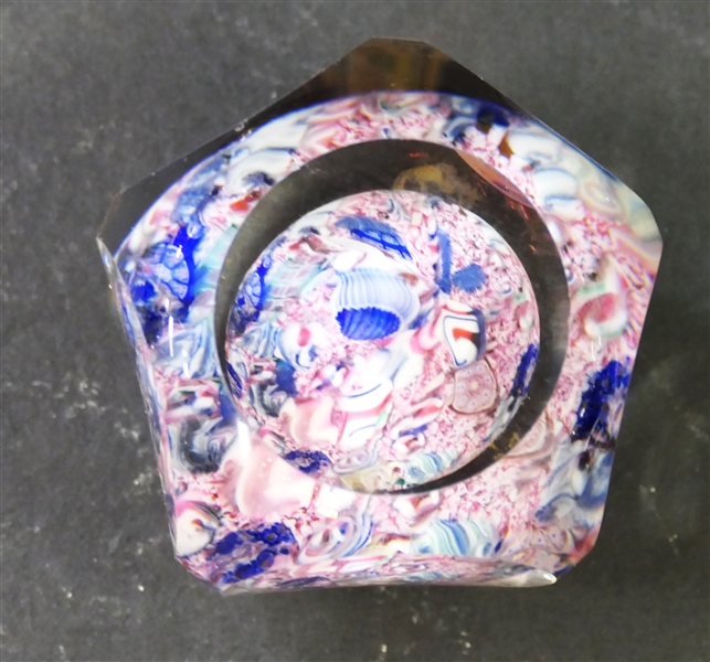 Unusual Abstract Millefiori Faceted Paperweight - Measures 1 3/4" Tall 2" Across