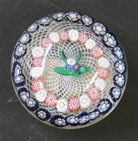 Pretty Millefiori Art Glass Paperweight with Blue, Pink, and White Flowers - Threading in Center - Measures 2" Tall 2 3/4" Across