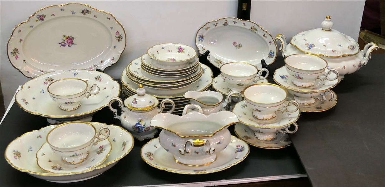 39 Pieces of Hutschenreuther - Bavaria Germany US Zone China - White with Pink and Purple Flowers - Gold Trim - Pieces include Dinner Plates, Salad Plages, Bowls, Platters, Gravy Boat, and Cream...