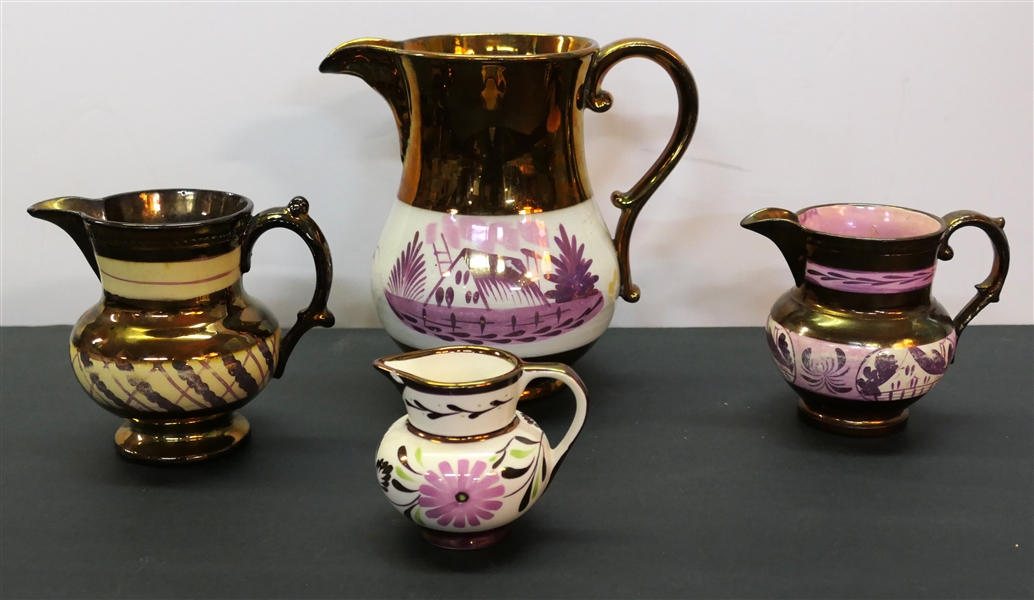 4 Copper Lustre Pitchers - 6 3/4" with Farm Scene, 4 1/2" with Diagonally Stripes, 4" with Barn Scene and 2 1/2" Grays Pottery - Hanley England