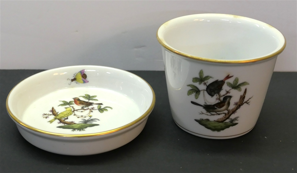 Herend "Rothschild Bird" Planter and Underplate - Both Hand Painted Hungary - Pot Measures 2 3/4" Tall - Underplate 4 1/2" Across