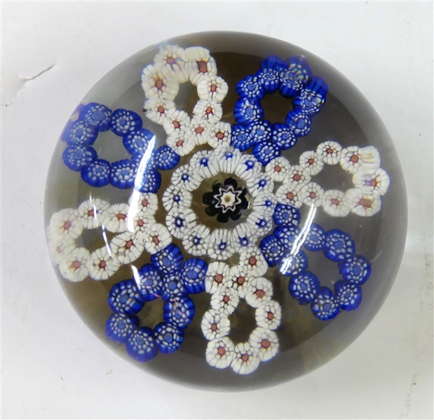 Blue and White Millefiori Flower Chain Paperweight - Measures 2" tall 2 1/2" Across