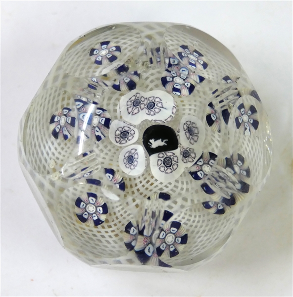 Blue and White Millefiori Faceted Paperweight - Measures 1 1/2" Tall 2 1/2" Across