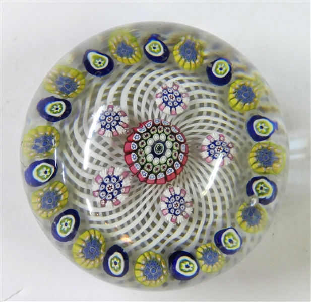 Millefiori Art Glass Paperweight - Blue, Yellow, White, and Pink Flowers - White Threading - Measures 2" tall 3" Across - Chip on Underside 