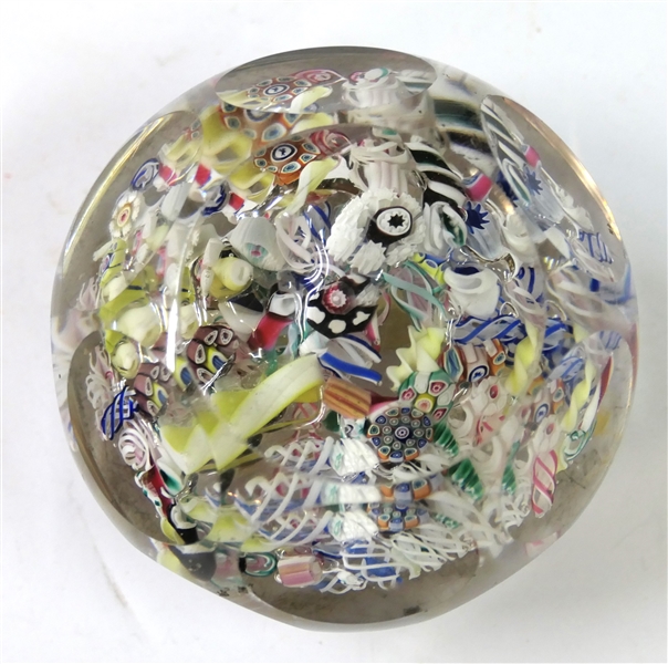 Faceted Unusual Millefiori Threaded Paperweight - Measures 1 1/2" Tall 2 3/4" Across